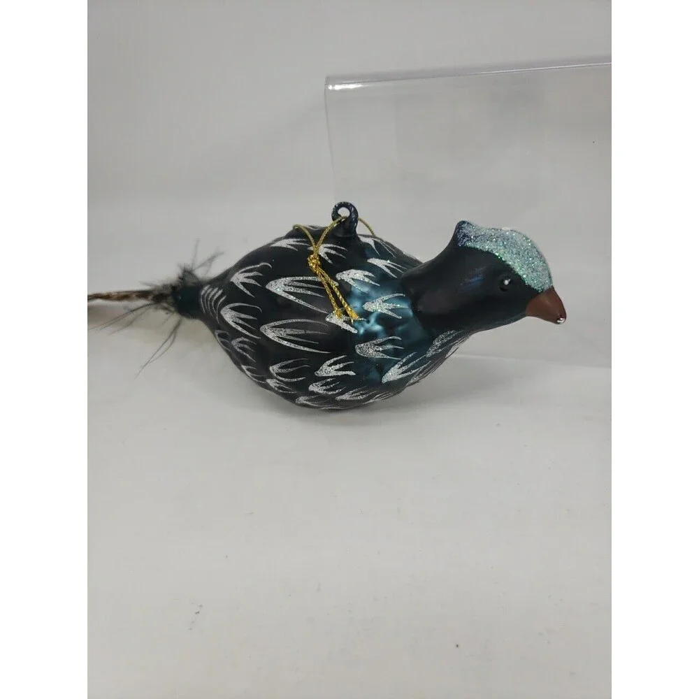 Blown Glass Bird Christmas Tree Ornament Feathers Glitter Dark Green Unique